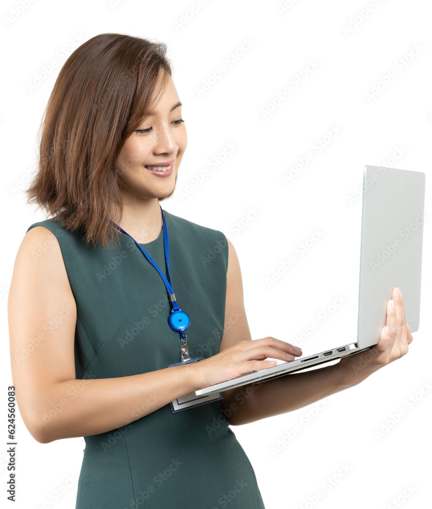 Young Asian business woman working with a laptop computer, looking at the laptop monitor in a studio