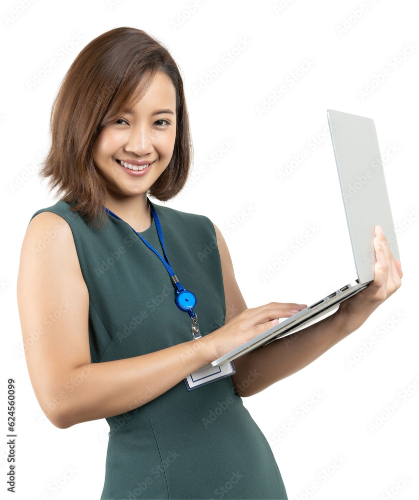 Young Asian business woman working with a laptop computer, looking at the laptop monitor in a studio