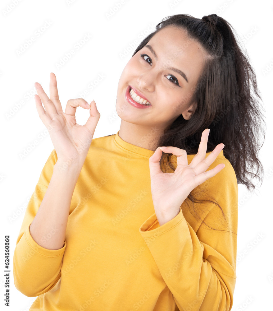 Asian young woman showing okay gesture on isolate white background