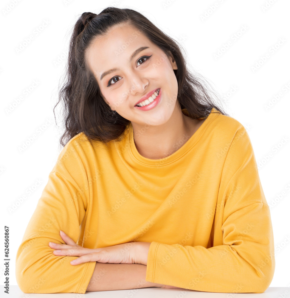 Portrait young beauty Asian woman she wearing a yellow sweater shot isolated on white background