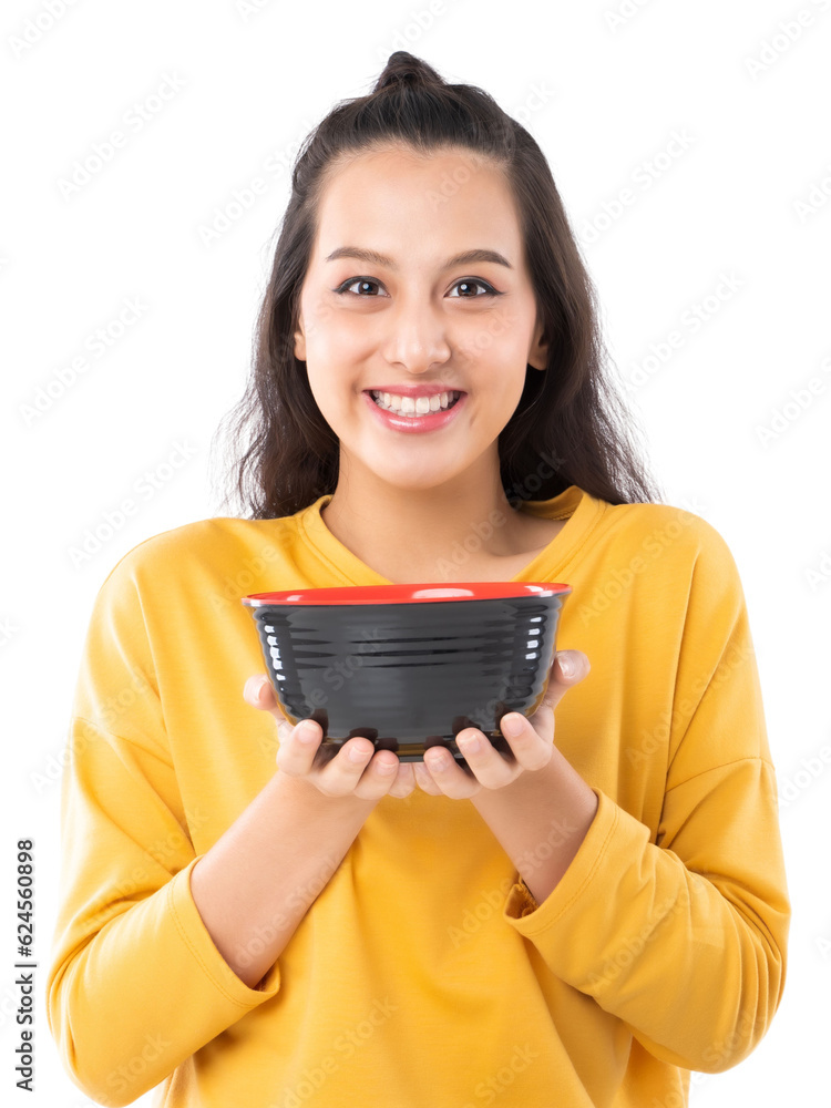 Young beauty Asian woman showing bowl prepare to eat food and she wearing a yellow sweater shot isol