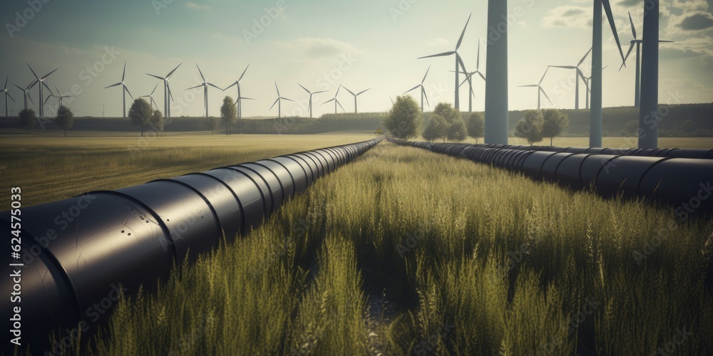 Utility Pipeline, Wind Turbines, and Industrial Complex in Luminous Shadows, Showcasing a Harmonious