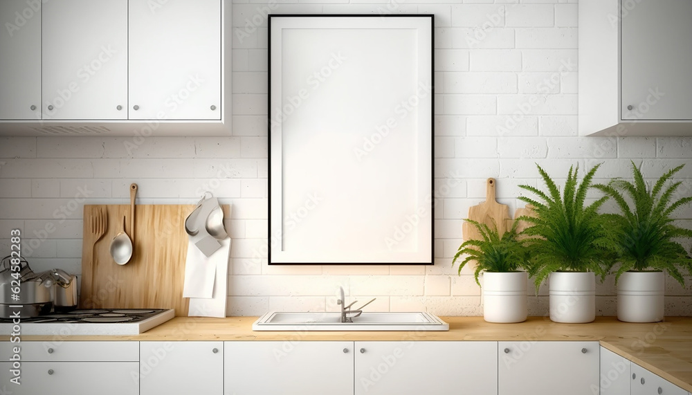 White poster on a wall with blank frame mockup. Generative AI.