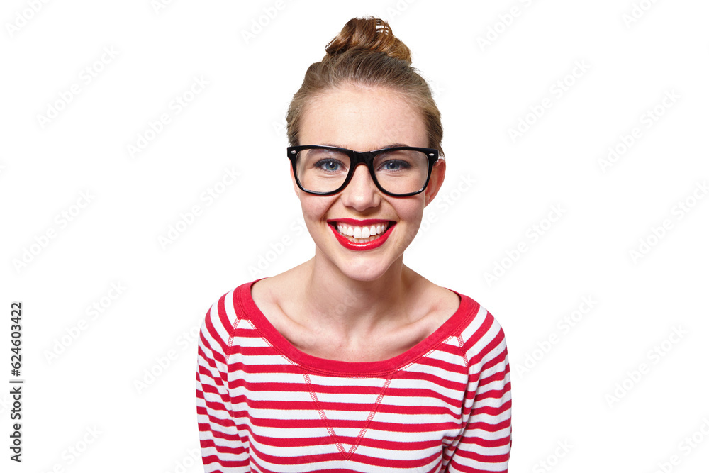 College, glasses and study with portrait of woman on png for nerd, education and youth. Happy, fashi