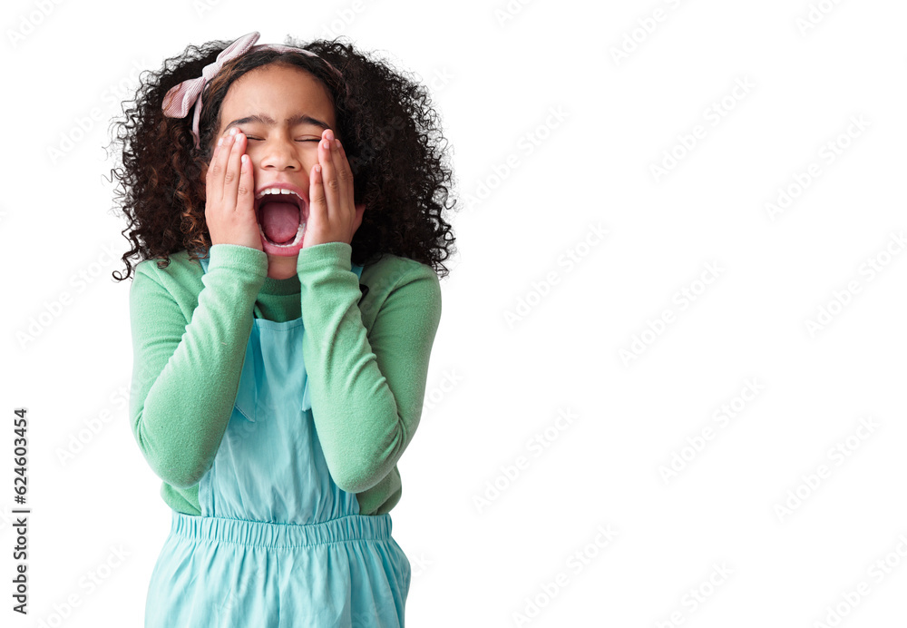 Girl, surprise and secret with kid, scream and news isolated against a transparent background. Femal