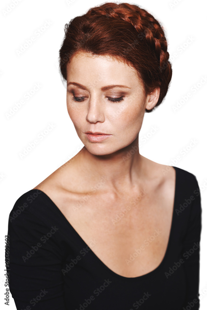 Beauty, braid and red head with woman and self care on png for makeup, cosmetics and haircare. Ginge