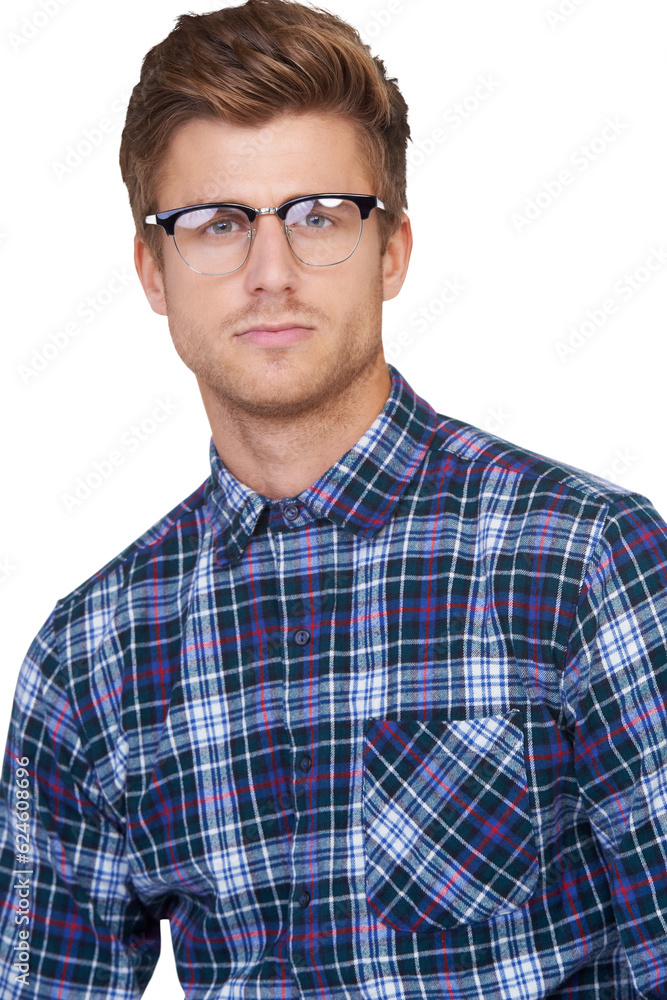 Business man, glasses and face closeup with confidence isolated on a transparent, png background. IT