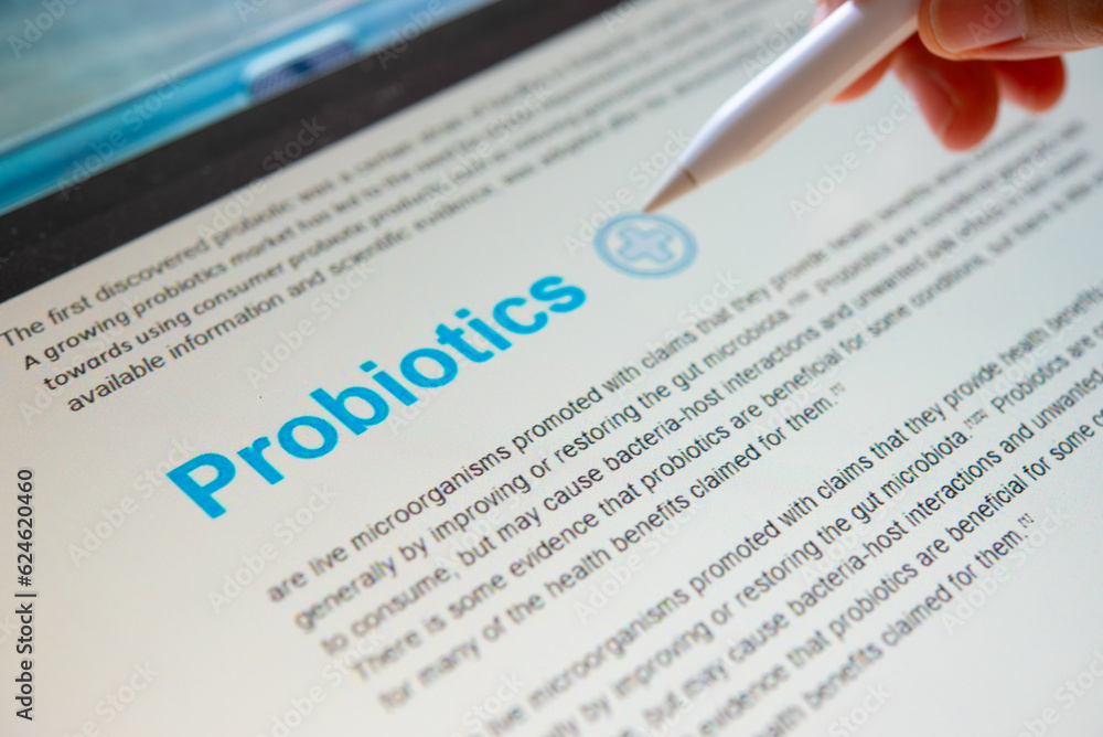 Probiotics word on screen digital tablet. search data of probiotics  ..are live microorganisms that 