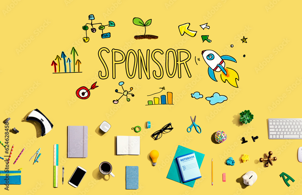 Sponsor with collection of electronic gadgets and office supplies