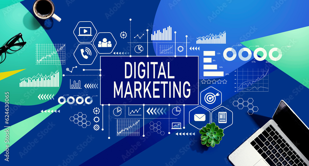 Digital marketing with a laptop computer on a blue and green pattern background