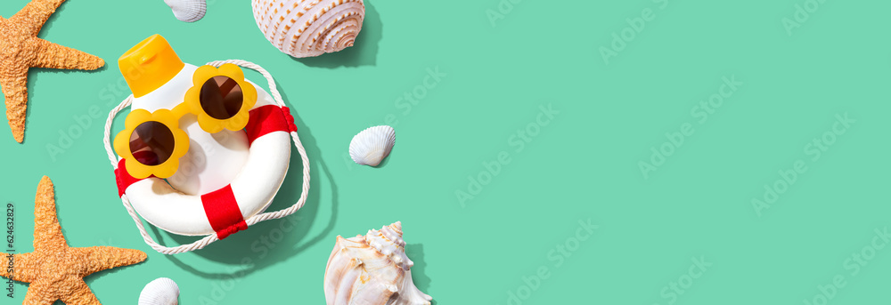 Summer sunblock sunscreen skincare theme with beach shells and starfish