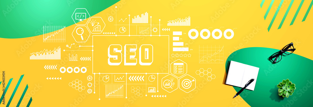 SEO - Search Engine Optimization theme with a notebook and a pen