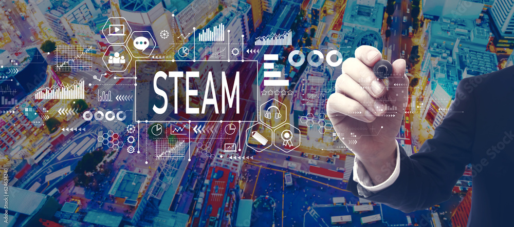 STEAM theme with businessman in a city at night