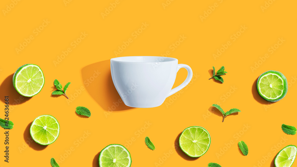 Fresh limes with tea cup overhead view - flat lay