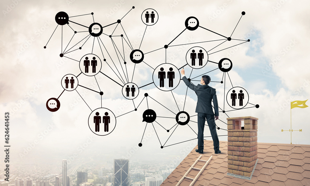 Businessman on house roof presenting networking and connection c