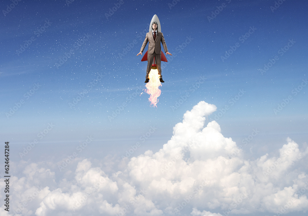 Business person in aviator hat flying on rocket