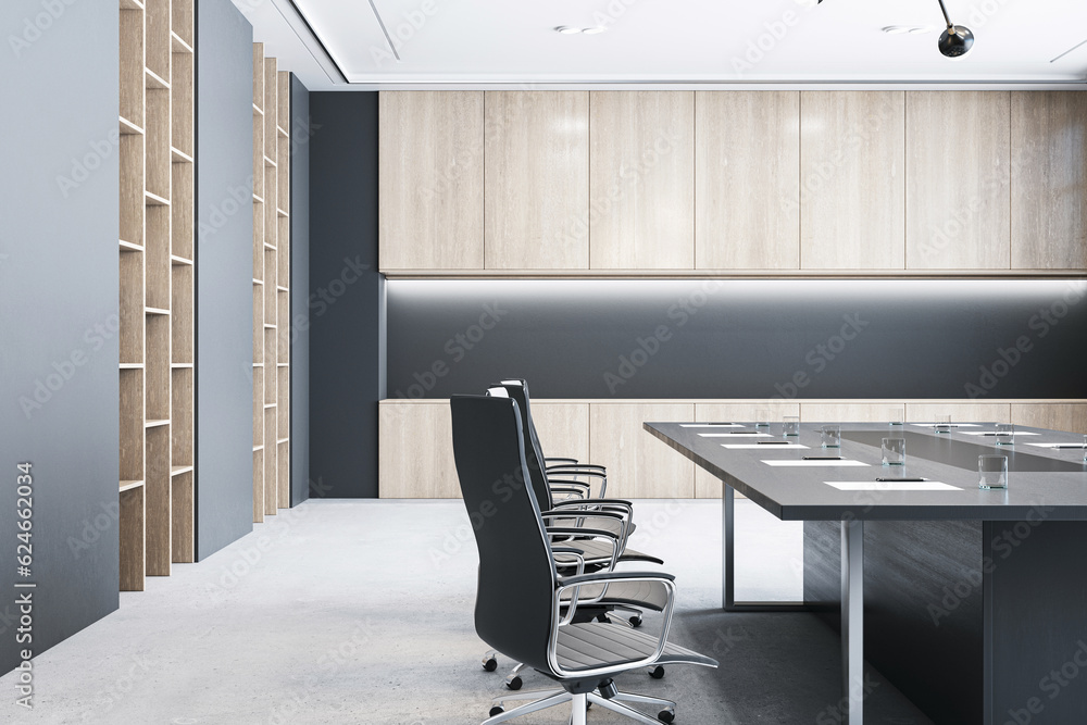 Modern empty meeting room interior with office table and chairs, window, concrete floor and wooden w