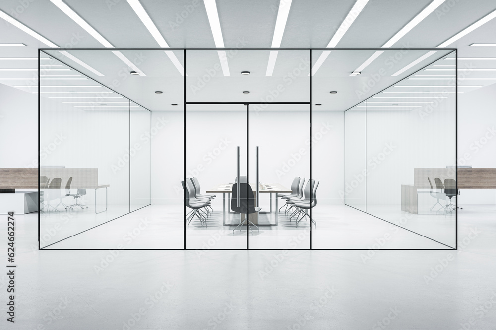 Front view of modern empty office corridor with futuristic design meeting room surrounded by glasses