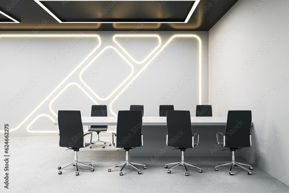 Front view of light modern futuristic conference room with neon backlit. 3D Rendering