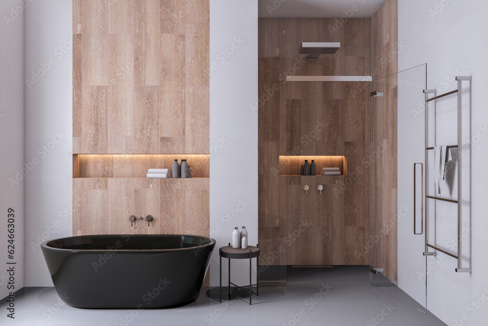 Front view of modern bathroom interior design with tiles grey floor and wooden walls with black bath