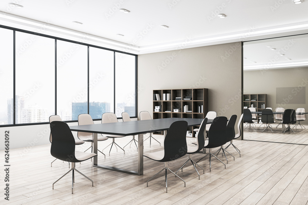 Perspective view of light modern meeting room with panoramic city view window on background, wooden 