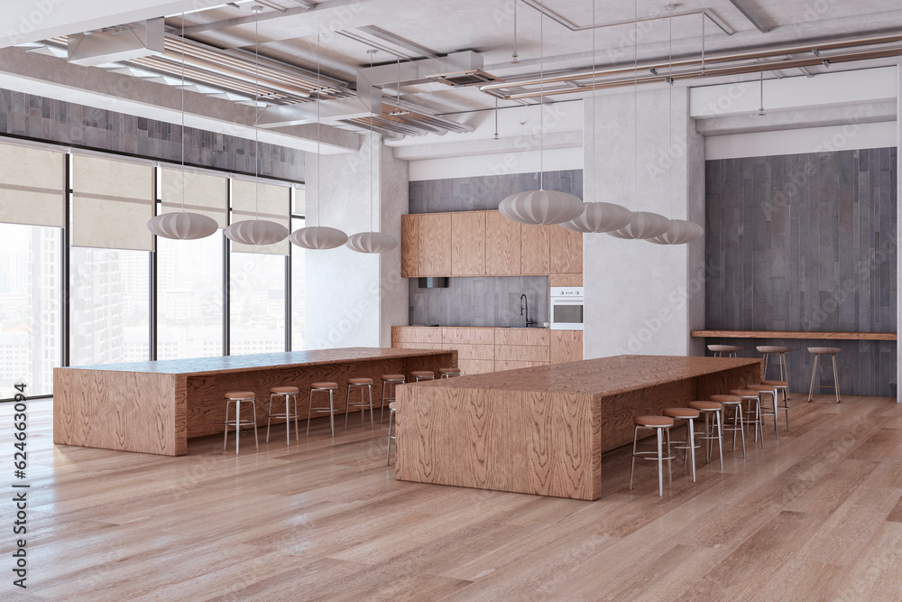 Clean loft meeting room interior with concrete walls, wooden flooring, furniture and equipment. 3D R