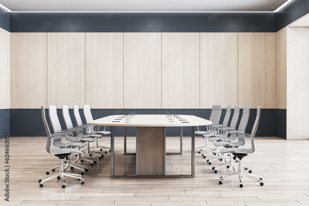 Front view of empty modern conference room with office desk and chairs, wooden walls and floor. 3D R