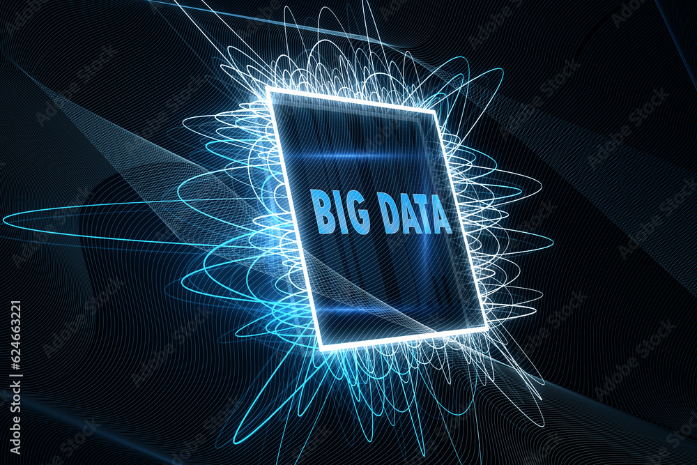 Creative big data chip on blurry blue waves background. Machine learning and information mining conc