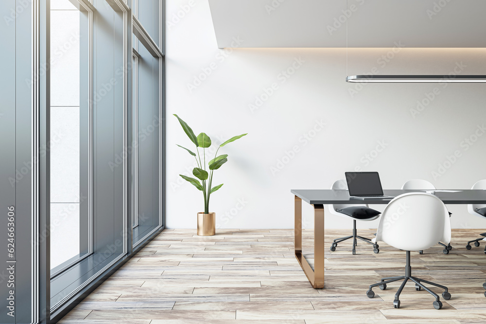 Empty modern conference room with office table and chairs, panoramic window, wooden floor and white 