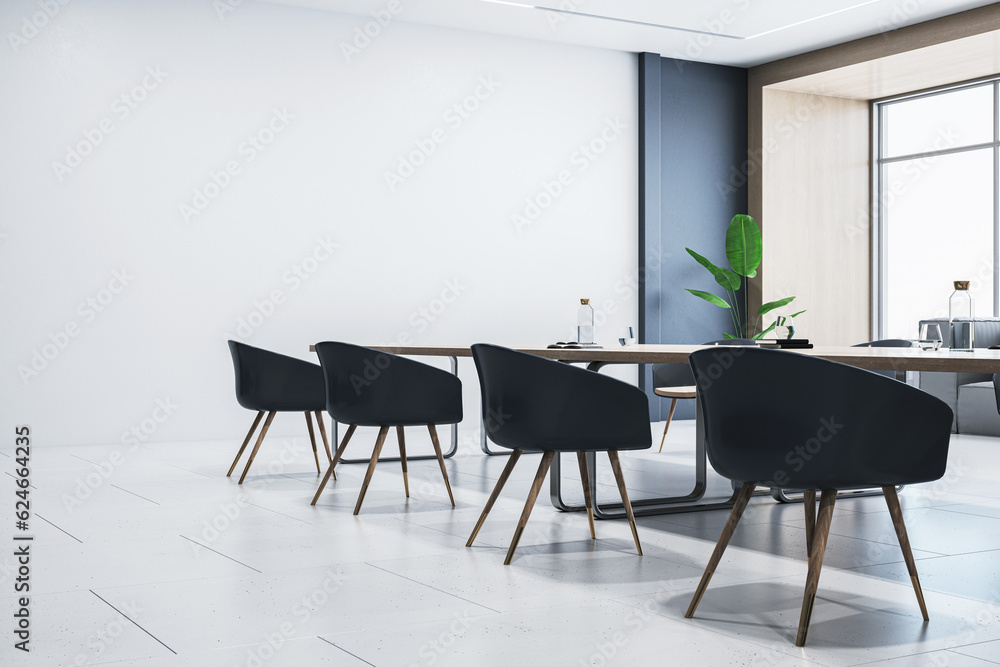 Perspective view of modern empty conference room with wooden office desk and chairs, white wall, til