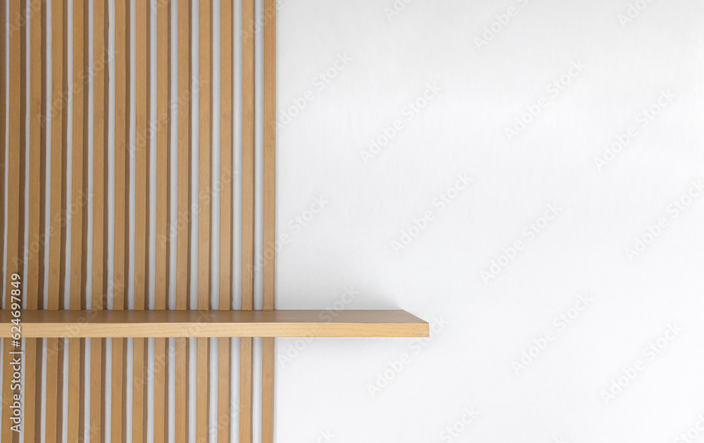 Empty wooden wall shelf on white background.