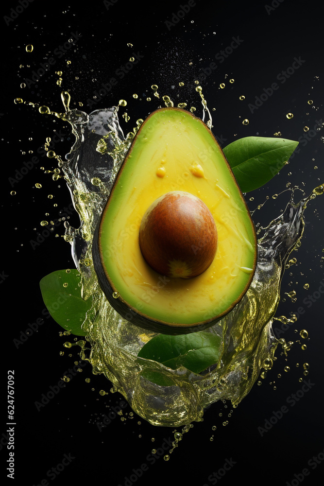 Avocado and green leaves splashing water