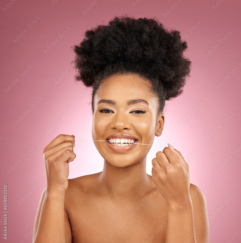 Black woman, portrait and floss teeth in studio for smile, dental hygiene and care of gum gingivitis