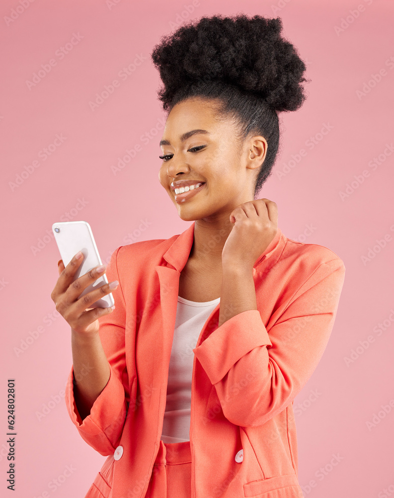 African woman, phone and studio with thinking, texting or web chat for contact, smile and pink backg