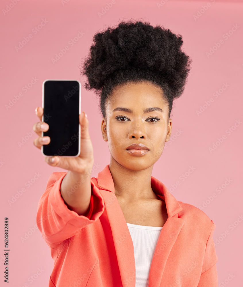 Portrait of black woman, phone and screen in studio for contact info, website promo or social media.