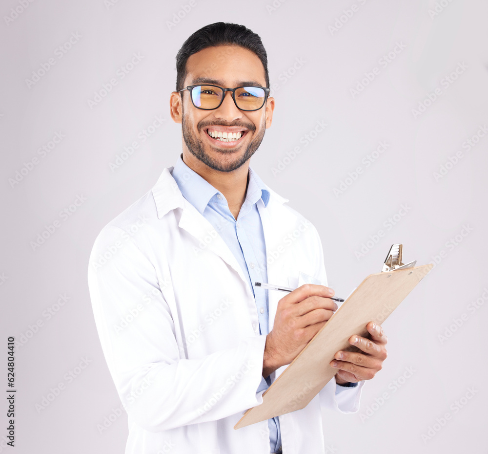 Happy man, portrait or doctor with clipboard in studio, planning notes or healthcare information. As