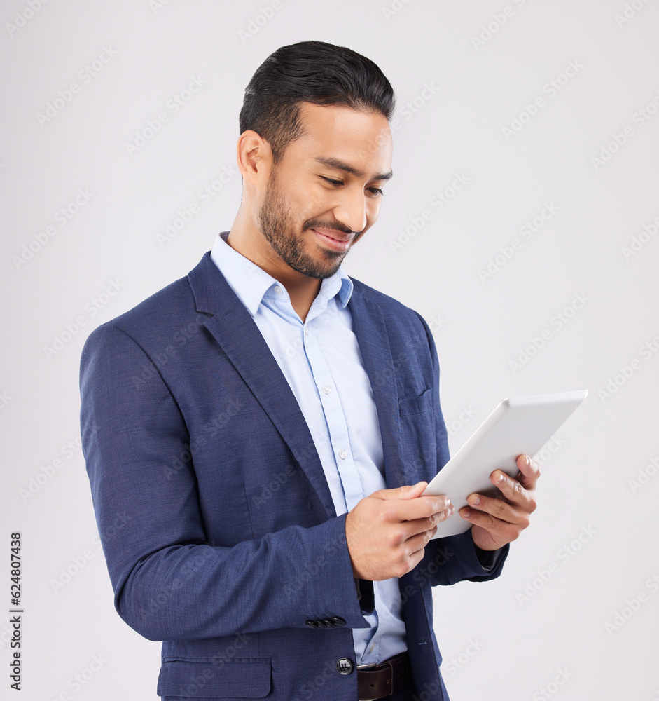 Business, happy asian man and tablet in studio for planning research, trading data or stock market i