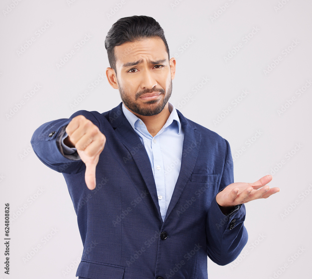 Studio portrait, thumbs down and business man with negative fail sign, no opinion vote or decision d