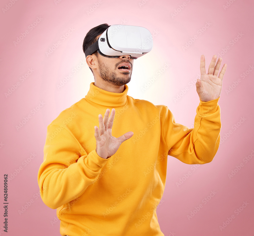 VR, glasses and man vision on studio pink background for software, digital world or user experience.