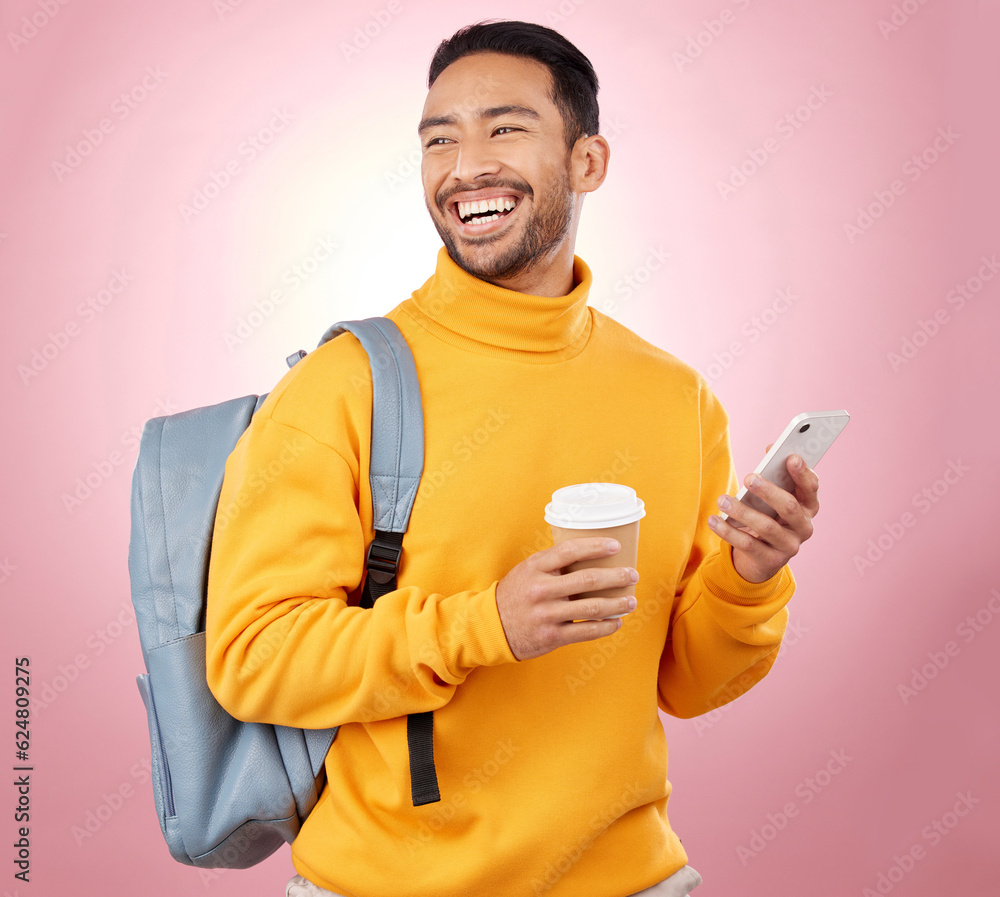 Backpack, phone and happy man or student thinking of university, college and e learning results on p