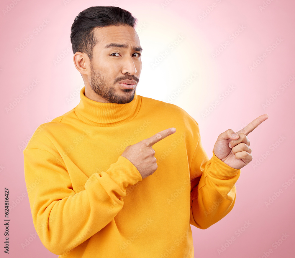 Pointing finger, confused man and portrait in studio with announcement, promotion or decision. Face 