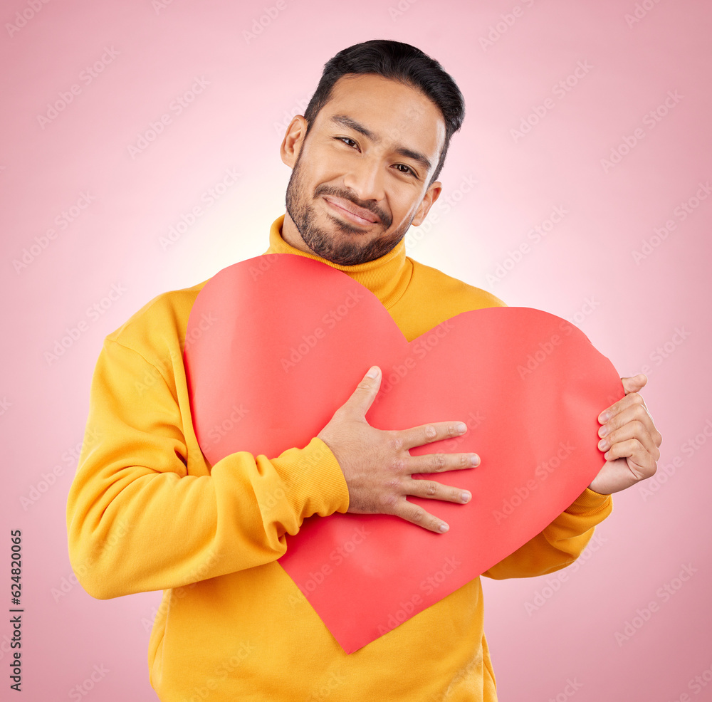 Heart, poster and love with portrait of man in studio for romance, date and valentines day. Kindness