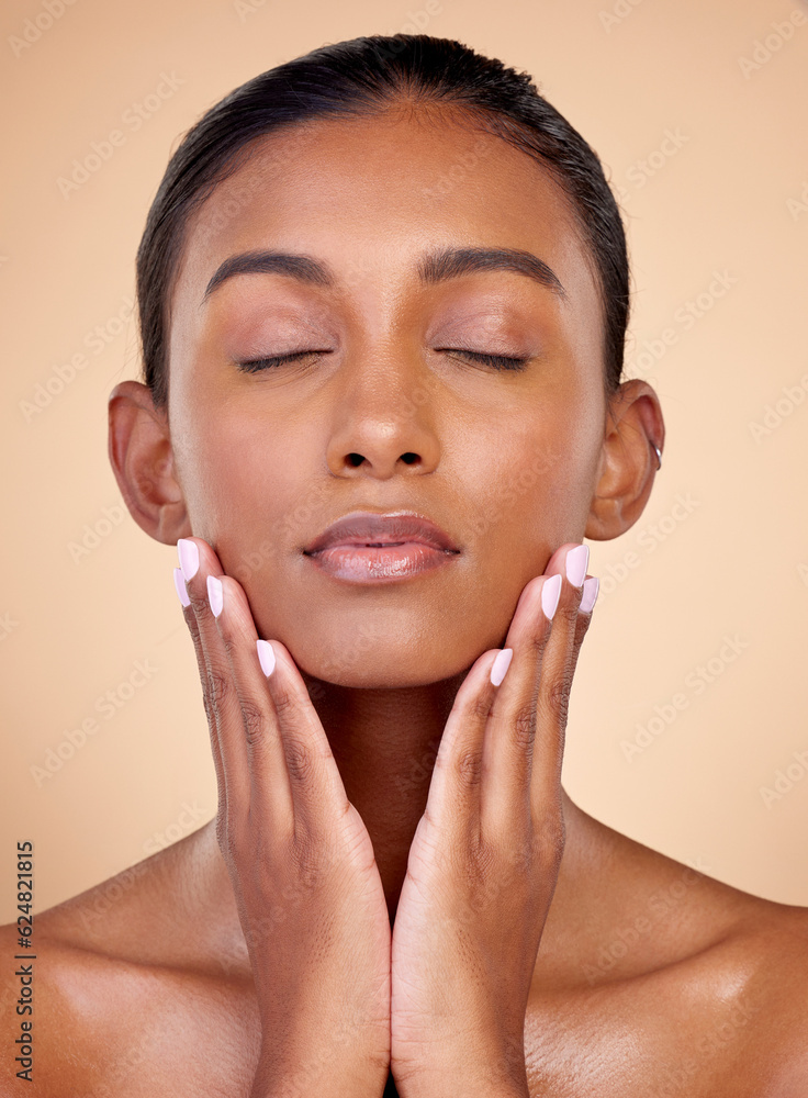 Relax, skincare or natural woman with wellness, beauty or facial glow with dermatology cosmetics in 