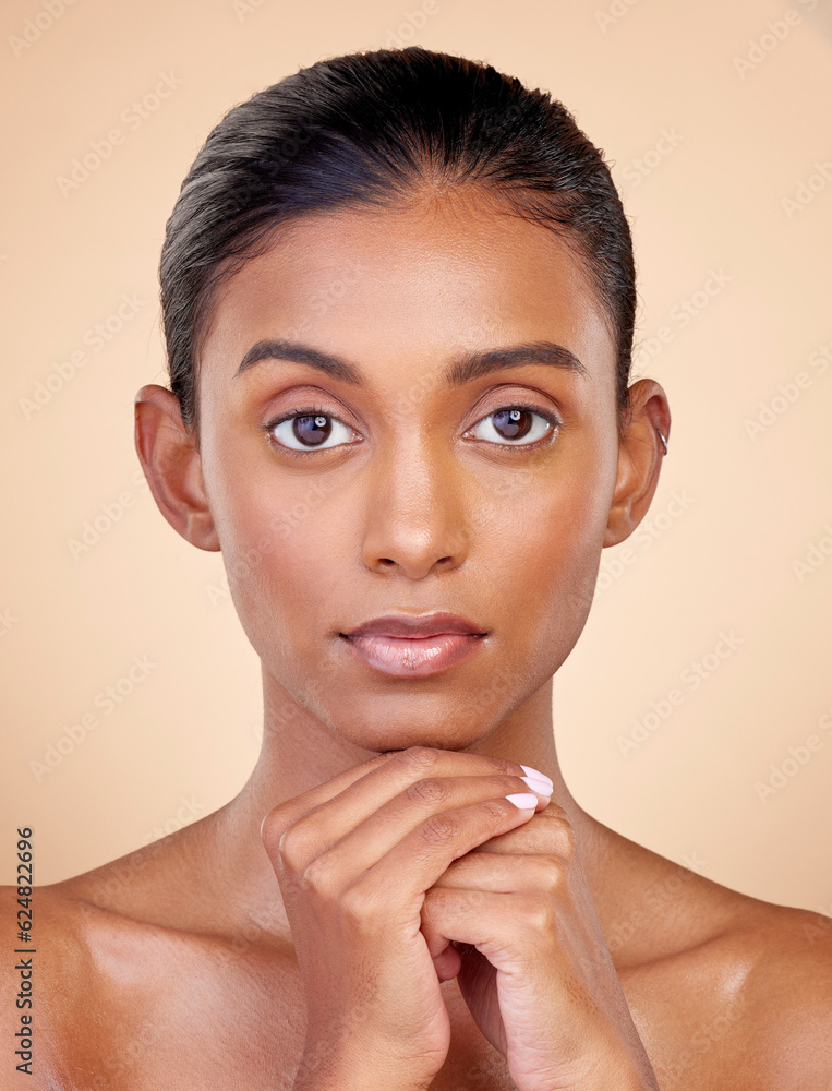 Portrait, skincare and woman with self care, cosmetics and luxury on a brown studio background. Face