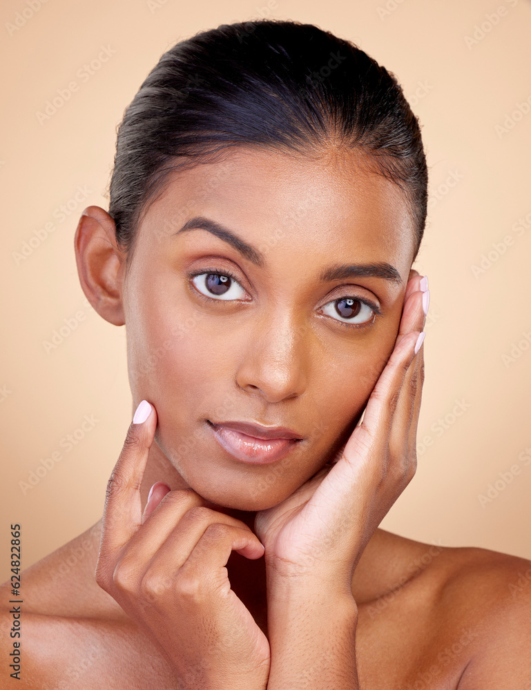 Portrait, beauty or Indian woman with natural facial glow with dermatology skincare cosmetics in stu