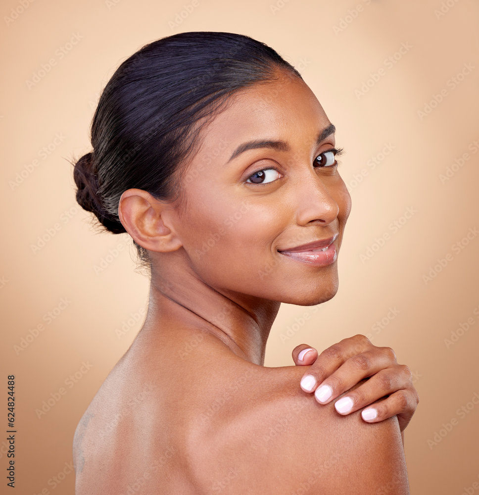 Portrait, beauty or happy woman with natural facial glow with dermatology skincare cosmetics in stud