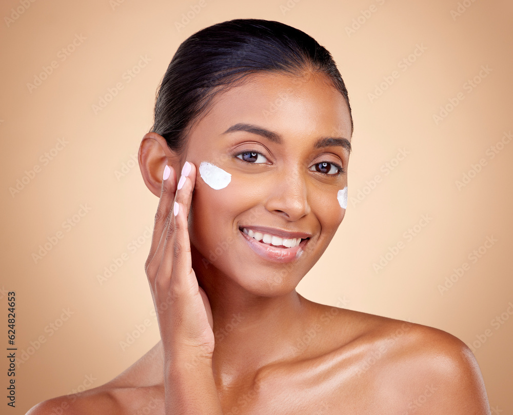 Face, cream and portrait of indian woman, skincare cosmetics and aesthetic dermatology on studio bac