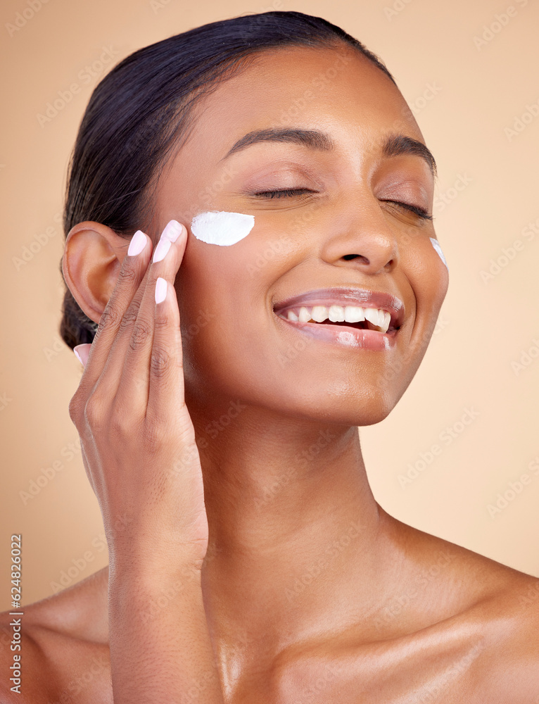 Woman, happy skincare and cream for facial beauty, apply lotion and dermatology or cosmetics. Skin c