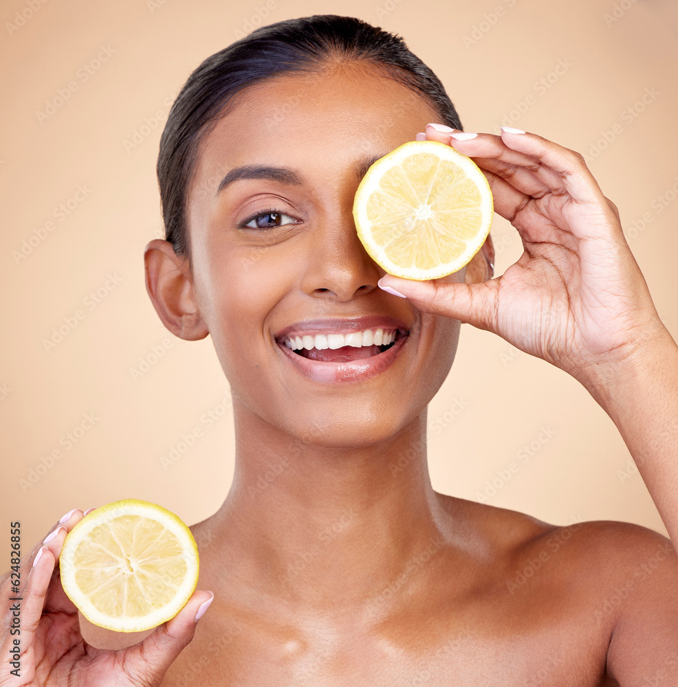 Lemon, portrait ad natural skincare of woman in studio for vitamin c benefits, eco cosmetics and nut