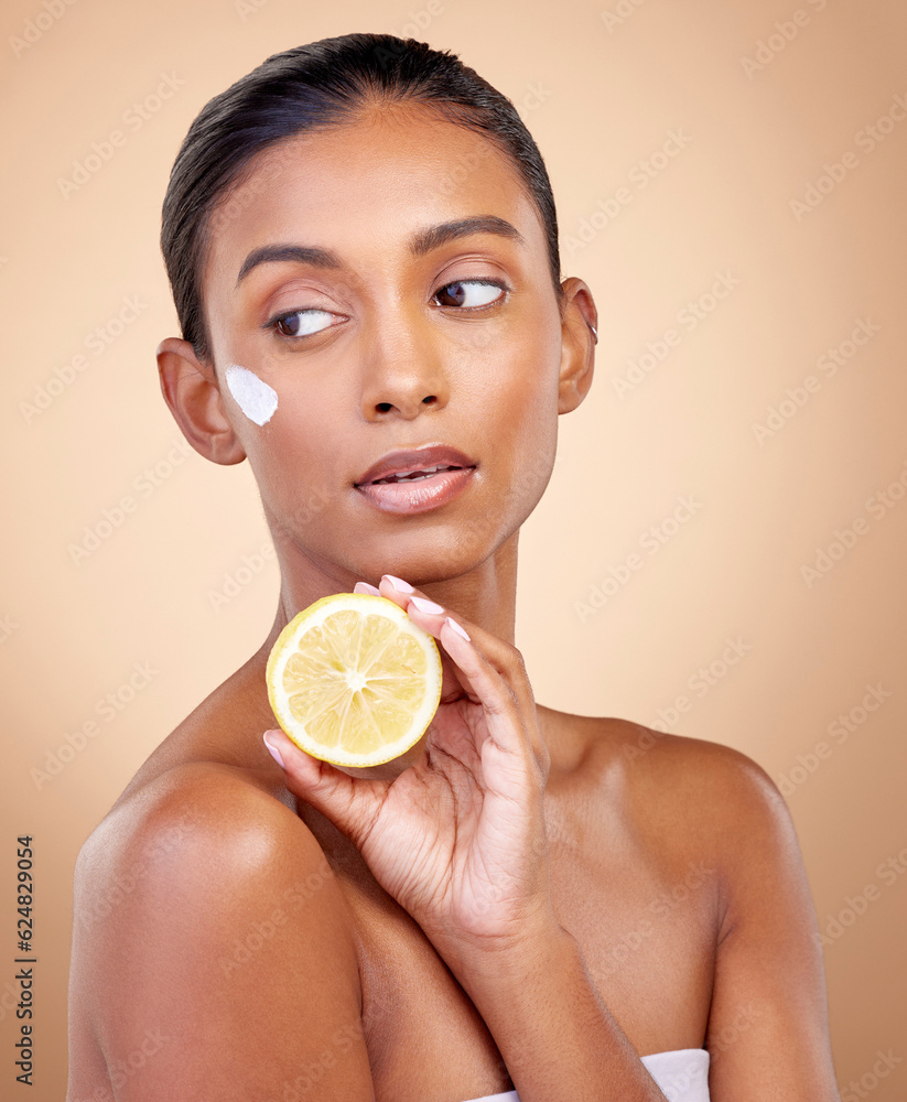 Woman, thinking and cream with lemon for skincare, cosmetics and natural beauty product or vitamin c